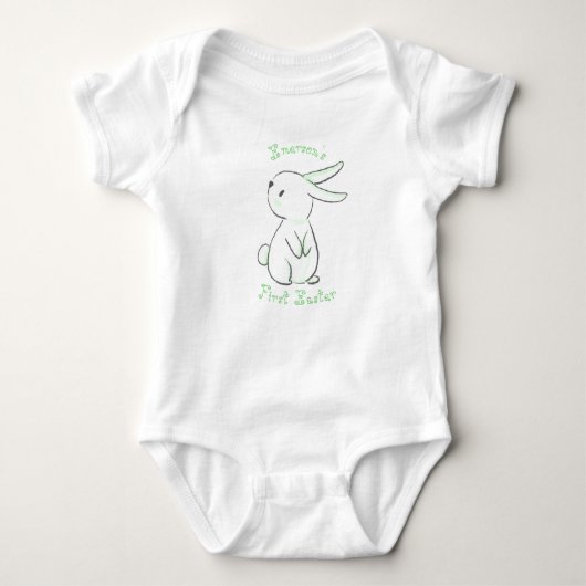 Pasen voor baby jongen met knuffel konijn groen romper (Voorkant)