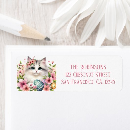 Pasen Waterverf Kitten Eggs and Flowers - Etiket (Insitu)
