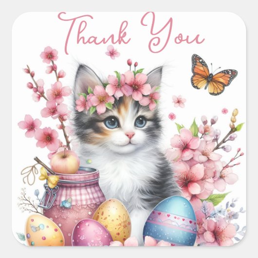 Pasen Waterverf Kitten Eggs and Flowers - Vierkante Sticker (Voorkant)