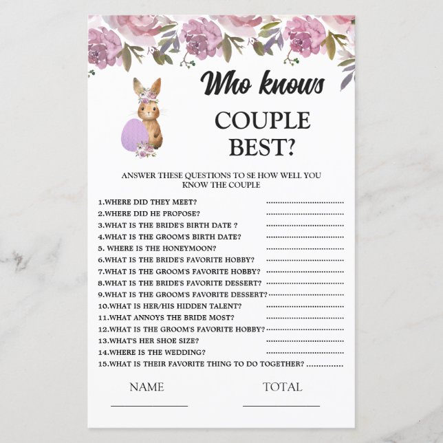 Pasen Wie kent Koppel Baby Shower Spel (Voorkant)