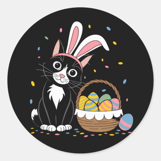 Pasen Zwarte Kat Tuxedo Konijn Bunny Ears Eieren Ronde Sticker (Voorkant)