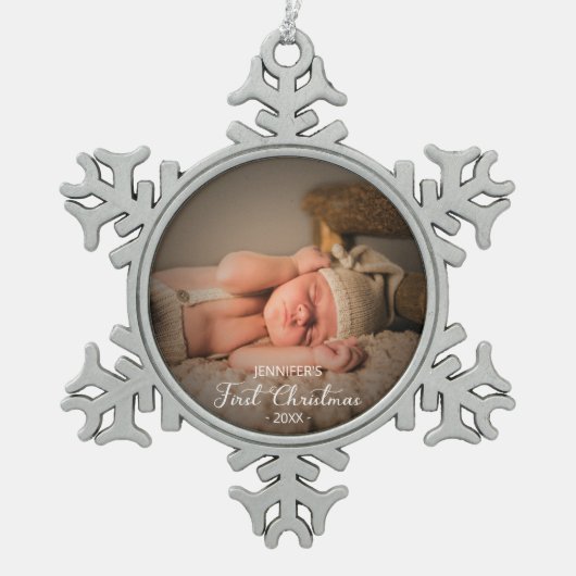 Pasgeboren Baby eerste kerstfoto Tin Sneeuwvlok Ornament (Voorkant)