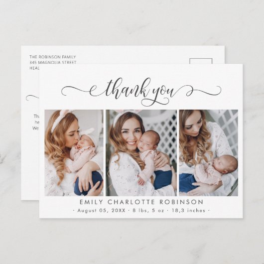 Pasgeboren Baby Foto Collage Moderne Script Bedank Briefkaart (Voorkant / Achterkant)