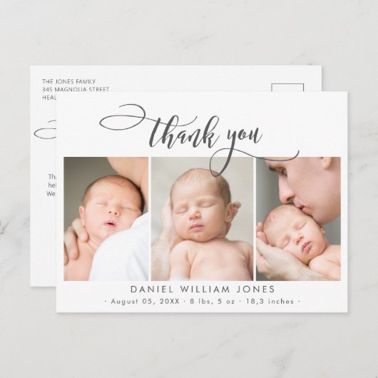 Pasgeboren Baby Foto Modern Script Collage Dank u Briefkaart (Voorkant / Achterkant)