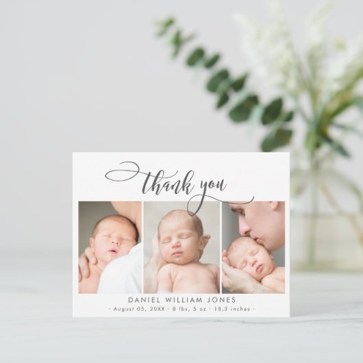Pasgeboren Baby Foto Modern Script Collage Dank u Briefkaart (Staand voorkant)