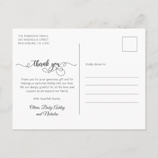 Pasgeboren Baby Foto Moderne Calligrafie Bedankt Briefkaart (Achterkant)