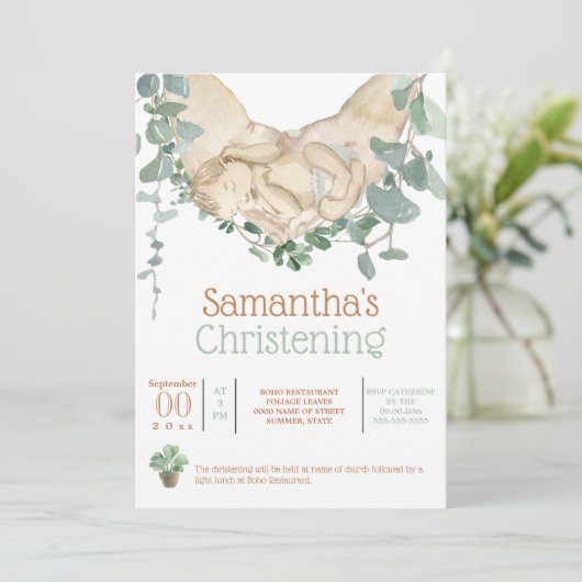 Pasgeboren baby in handen boho eucalyptus groen in kaart (Staand voorkant)