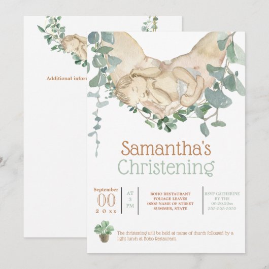 Pasgeboren baby in handen boho eucalyptus groen in kaart (Voorkant / Achterkant)