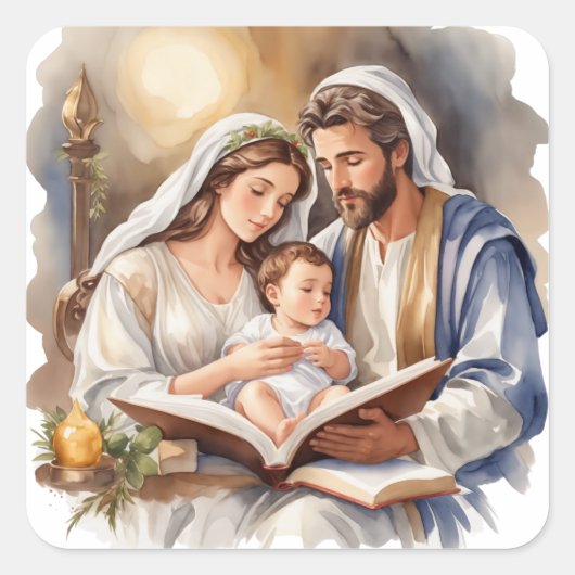 Pasgeboren Baby Jesus met Maria en Jozef Vierkante Sticker (Voorkant)