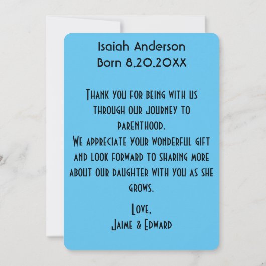 Pasgeboren baby jongen aankondiging dank u bericht (Achterkant)