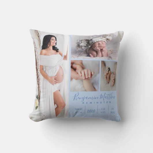 Pasgeboren baby jongen blauw foto aandenken kussen (Voorkant)