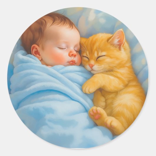 Pasgeboren baby jongen dutten met kitten ronde sticker (Voorkant)
