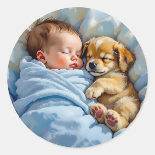 Pasgeboren baby jongen dutten met puppy ronde sticker
