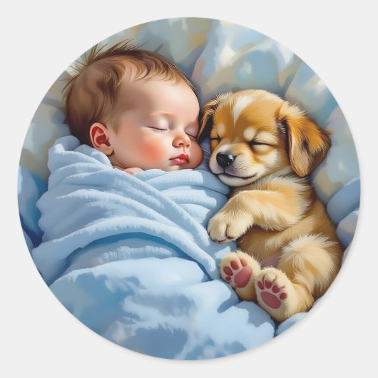 Pasgeboren baby jongen dutten met puppy ronde sticker (Voorkant)