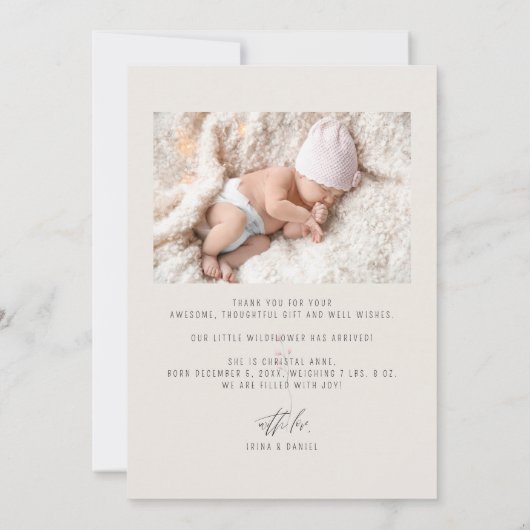 Pasgeboren baby meisje ivoor dank u foto geboorte aankondiging (Achterkant)