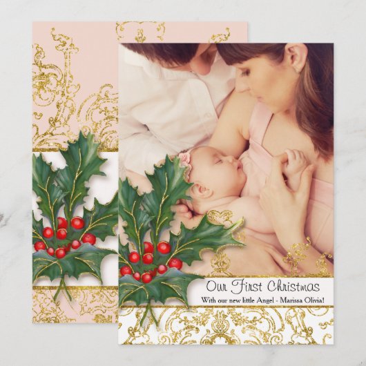 Pasgeboren Baby Meisje Kerstmis Gouden Glitter Fot Feestdagenkaart (Voorkant / Achterkant)