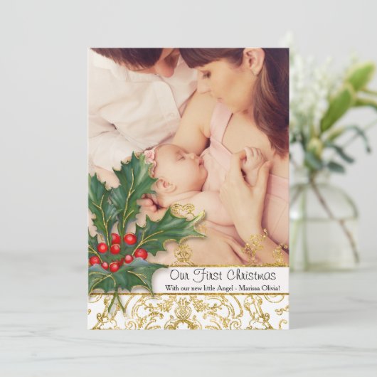 Pasgeboren Baby Meisje Kerstmis Gouden Glitter Fot Feestdagenkaart (Staand voorkant)