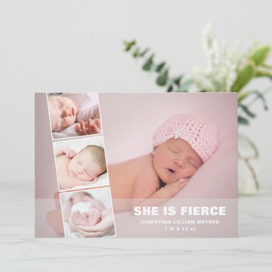 Pasgeboren baby meisje Roze foto geboorteaankondig Feestdagenkaart (Staand voorkant)