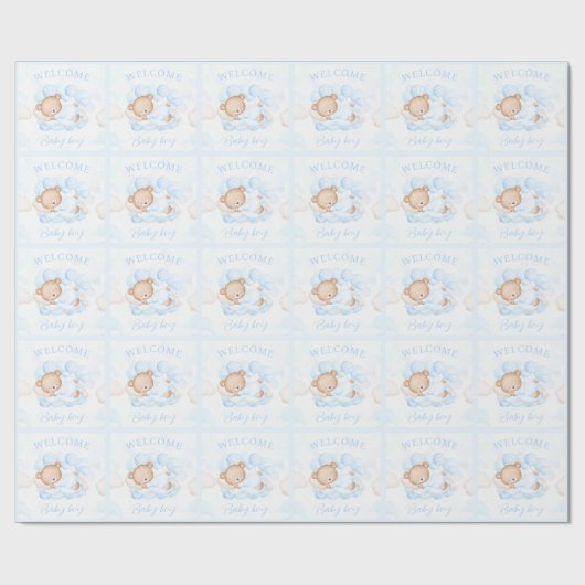 Pasgeboren baby naam Blauw Beer Cadeaupapier (Vlak)