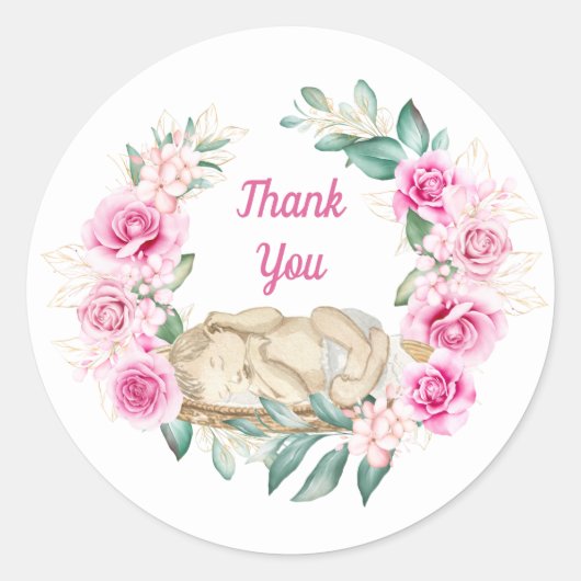 Pasgeboren baby roze rozenkrans dank u ronde sticker (Voorkant)
