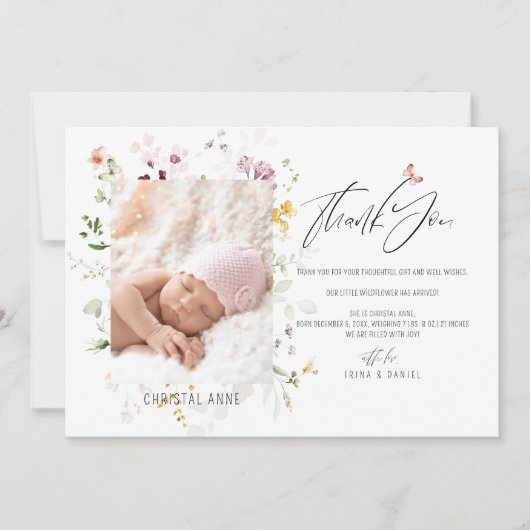 Pasgeboren Baby shower Meisje Dank u Foto Geboorte Aankondiging (Voorkant)
