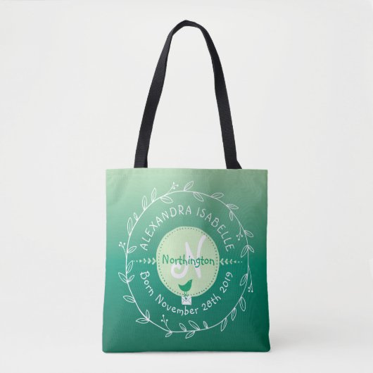 Pasgeboren Baby vogelmonogram Ombre Green Leaf Wre Tote Bag (Voorkant)