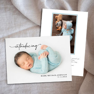 Pasgeboren Blue Baby Boy Foto met statistieken Notitiekaartje