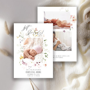 Pasgeboren Boho Wildflower Fotosamenstelling Meisj Aankondiging