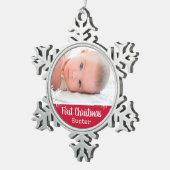 Pasgeboren eerste kerstfoto Red Snowflakes Tin Sneeuwvlok Ornament (Rechts)