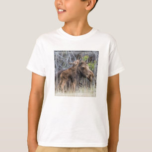 Pasgeboren elandkalf knuffelt zijn moeder t-shirt