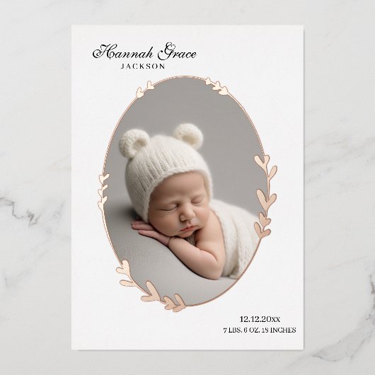 Pasgeboren Foto Scripty Ovaal Folie Geboorteaankon Folie Uitnodiging (Voorkant)
