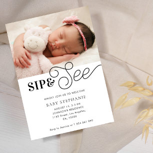 Pasgeboren Foto Whimsical Sip & See Baby shower Kaart