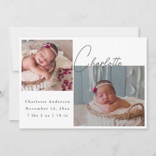 Pasgeboren Fotocollage Elegante Kalligrafie Geboor Aankondiging (Voorkant)