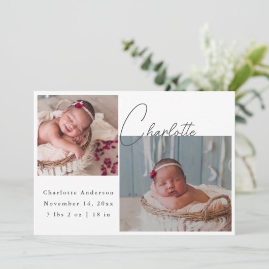 Pasgeboren Fotocollage Elegante Kalligrafie Geboor Aankondiging (Staand voorkant)