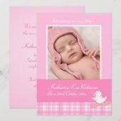 Pasgeboren fotomededelingskaart - roze cheque aankondiging (Voorkant / Achterkant)
