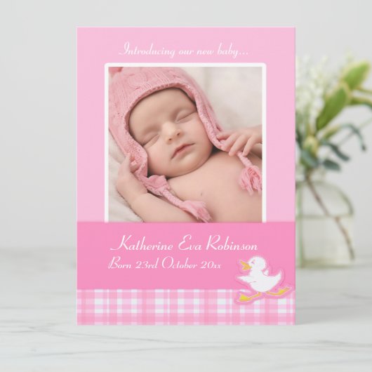 Pasgeboren fotomededelingskaart - roze cheque aankondiging (Staand voorkant)