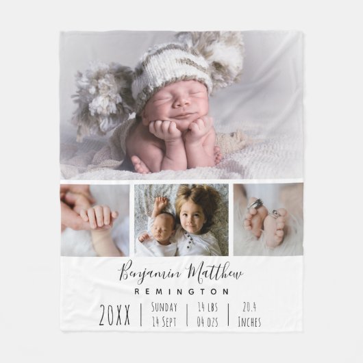 Pasgeboren geboorte Stats Collage 4 Foto Fleece Deken (Voorkant)