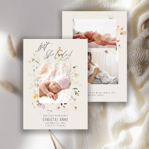 Pasgeboren Ivoor Wildflower Foto Collage Meisje Ge Aankondiging