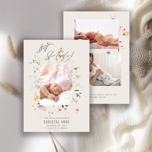 Pasgeboren Ivoor Wildflower Foto Collage Meisje Ge Aankondiging
