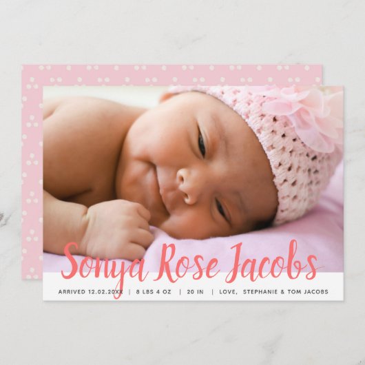 Pasgeboren meisje Naam Roze Manuscript Bekleding g Aankondiging (Voorkant / Achterkant)