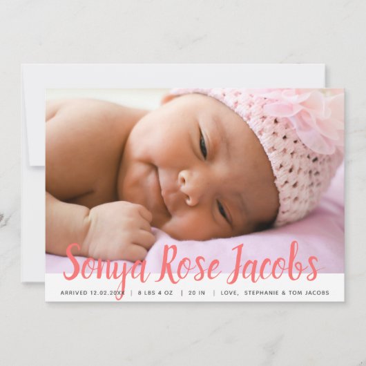 Pasgeboren Meisjesnaam Roze Script Overlay Geboort Aankondiging (Voorkant)