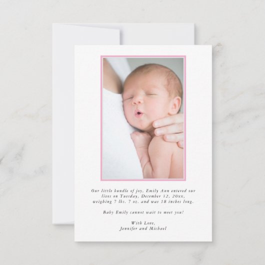 Pasgeboren Roze Baby Meisje Foto met statistieken Notitiekaartje (Achterkant)