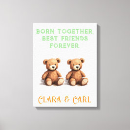 Pasgeboren Tweeling Babykamer, Vintage Teddyberen, Canvas Afdruk