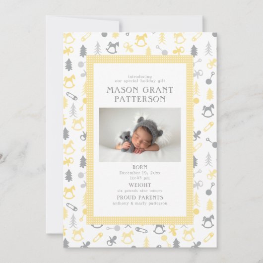 Pasgeboren vakantiefoto geel grijs feestdagenkaart (Voorkant)