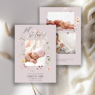 Pasgeboren Wildflower Fotocollage Lila Meisje Gebo Aankondiging