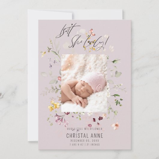 Pasgeboren Wildflower Fotocollage Lila Meisje Gebo Aankondiging (Voorkant)