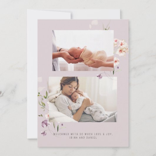Pasgeboren Wildflower Fotocollage Lila Meisje Gebo Aankondiging (Achterkant)