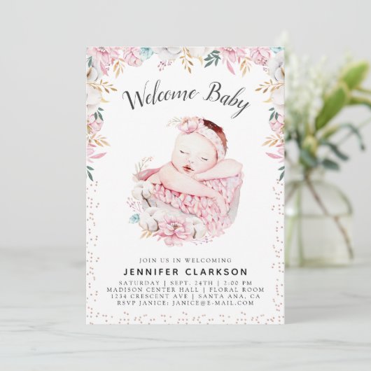 Pasgeborene Bloemen Welkom Baby Kaart (Staand voorkant)