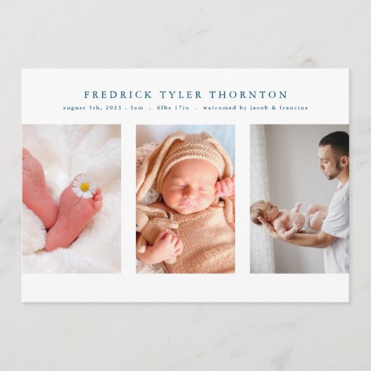 Pasgeborene foto blauwe collage baby geboorte aankondiging (Voorkant)