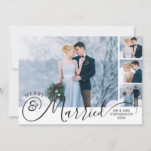 Pasgetrouwd 5 Foto Merry en Getrouwd Uw Groet Feestdagenkaart (Voorkant)